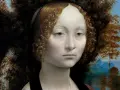 Portret kobiety z kręconymi włosami, jeden z znanych portretów w malarstwie. Tło tworzy ciemny gąszcz i krajobraz z rzeką.
