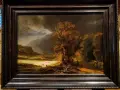 Krajobraz z burzą i rzeką, jeden z **rembrandt najpopularniejsze obrazy**. Mroczne niebo, drzewa i postacie w oddali.