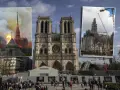 Notre Dame przed i po pożarze: płonąca iglica i odbudowa z rusztowaniami.