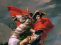 Napoleon na białym koniu, w czerwonej pelerynie, wskazuje drogę. To jedno z wielu dzieł sztuki przykłady ukazujących potęgę.