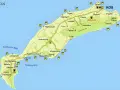 Mapa wyspy Kos z zaznaczonymi miejscowościami, plażami i zabytkami.