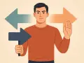 Mężczyzna z ręką uniesioną w geście "stop" i strzałkami symbolizującymi wybór. Podkreśla to autonomię człowieka w podejmowaniu decyzji.