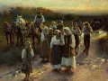 Grupa chłopów pańszczyźnianych wraca z pola. Widać konie, wozy i narzędzia rolnicze.