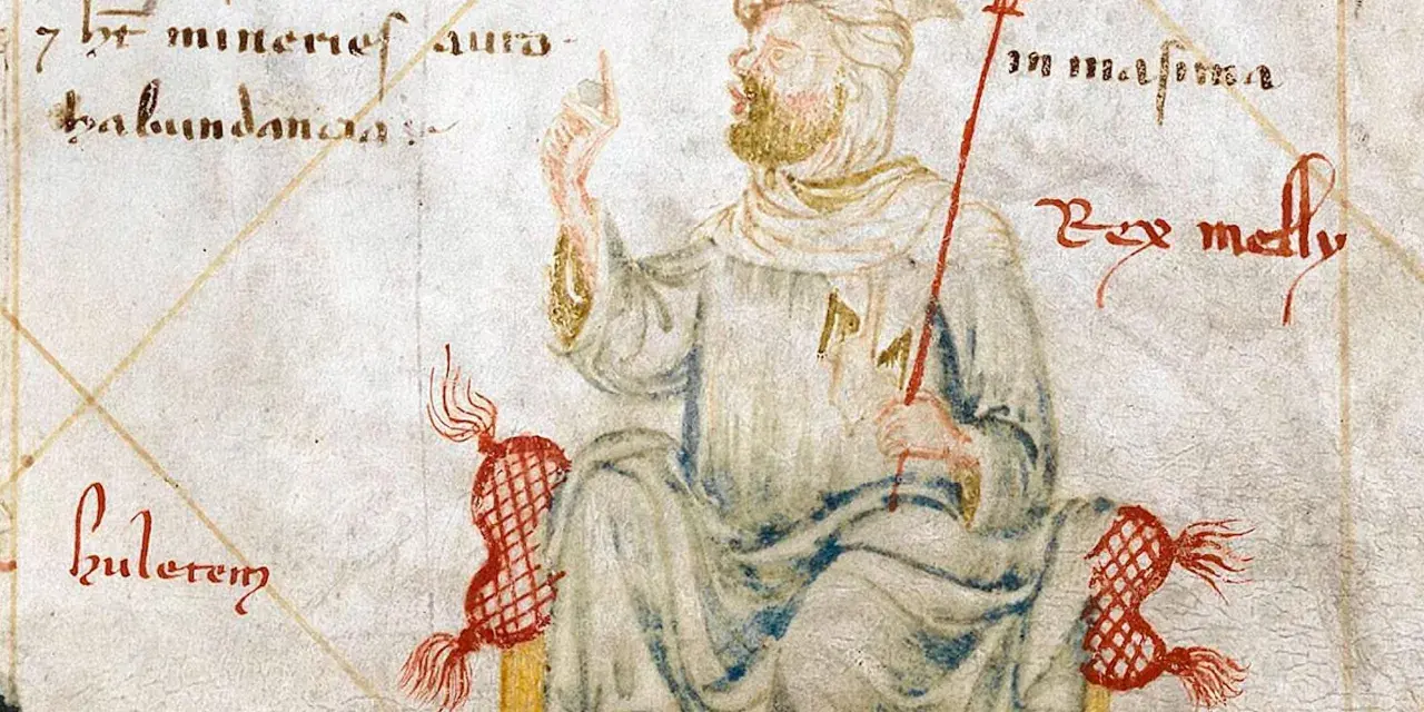 Ilustracja przedstawia Mansę Musę, władcę Mali, symbolizującego jego ogromny majątek. Król siedzi na tronie, trzymając berło.