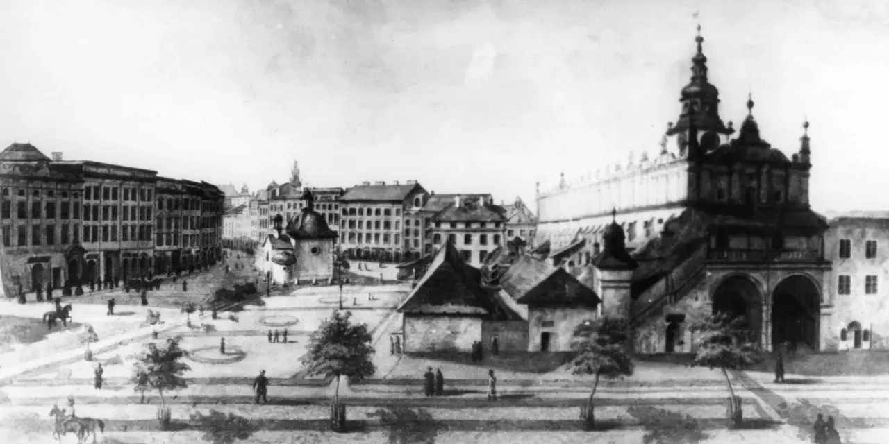Rynek Główny w Krakowie, z Sukiennicami i Ratuszem. Obraz ukazuje tętniące życiem miasto, które od wieków fascynuje. Ile lat ma Kraków? Tysiąc!