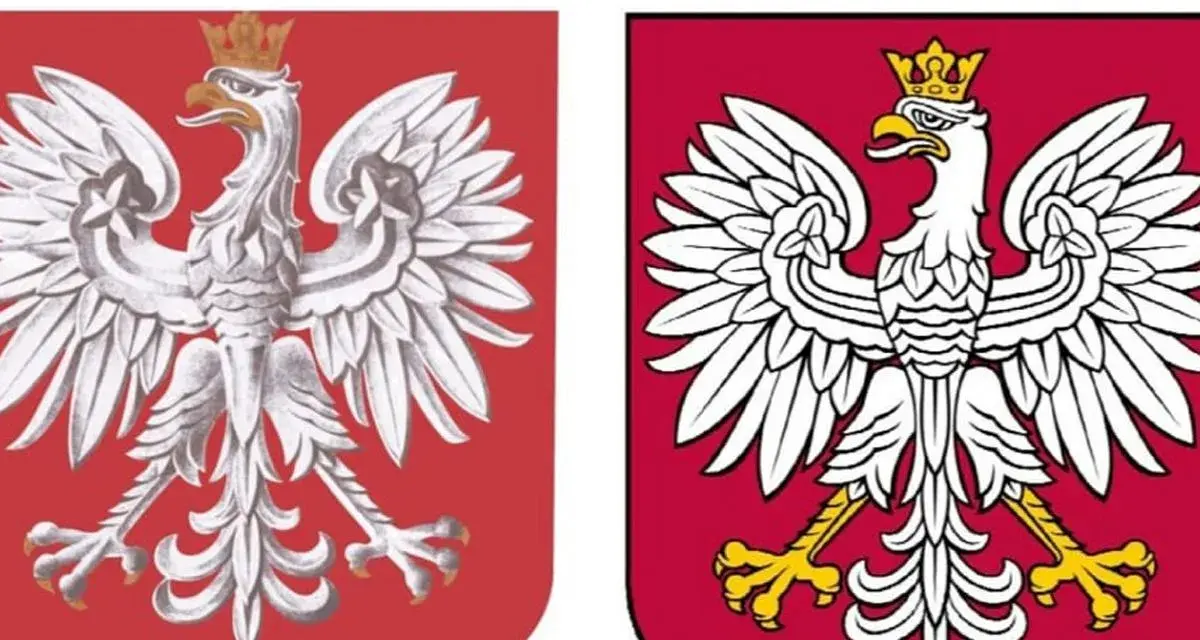 Dwa godła Polski: starsze, bardziej stylizowane, obok nowszego, z wyraźniejszymi konturami i złotymi szponami.