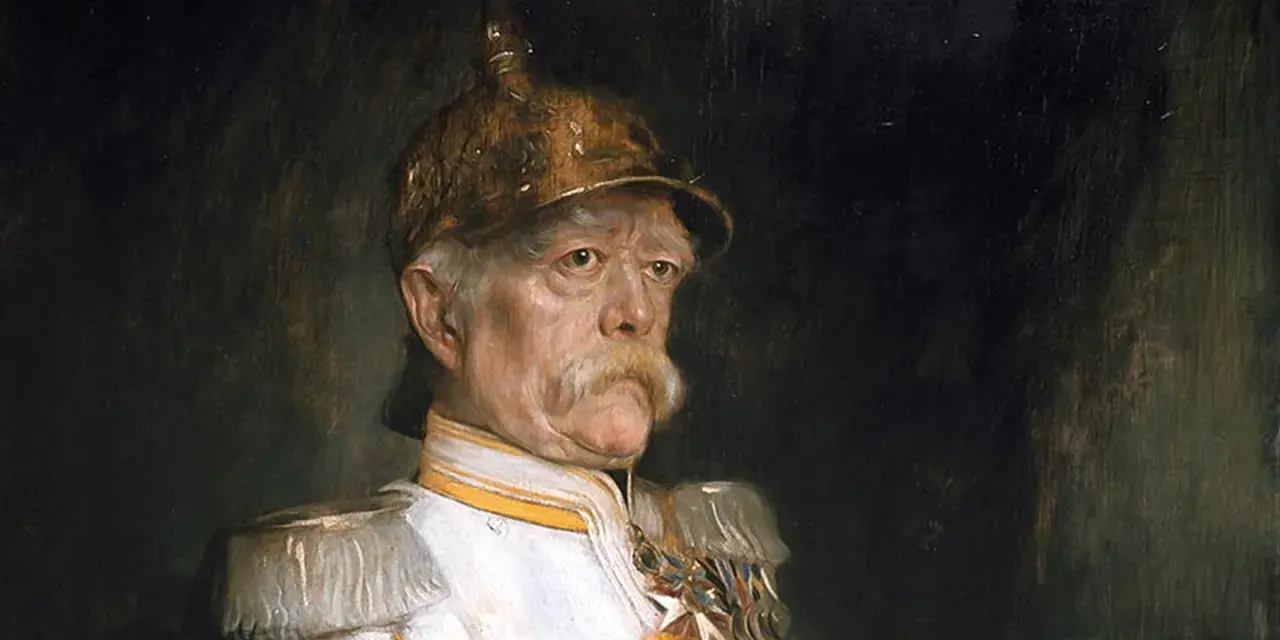Portret wojskowy przedstawiający Ottona von Bismarcka w mundurze z odznaczeniami. Kim był Otto von Bismarck? Żelazny Kanclerz, zjednoczył Niemcy.