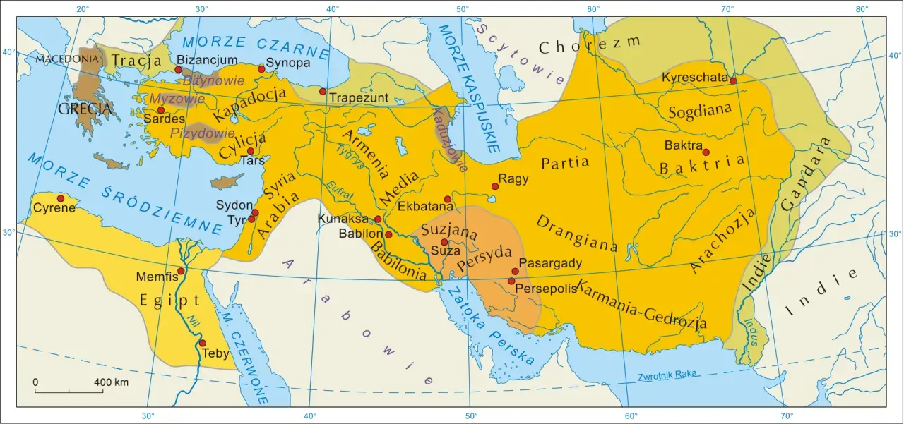 Mapa przedstawia podbój Persji przez Aleksandra Macedońskiego, ukazując jego drogę od Grecji przez Azję Mniejszą, Egipt, Mezopotamię aż po Indie.