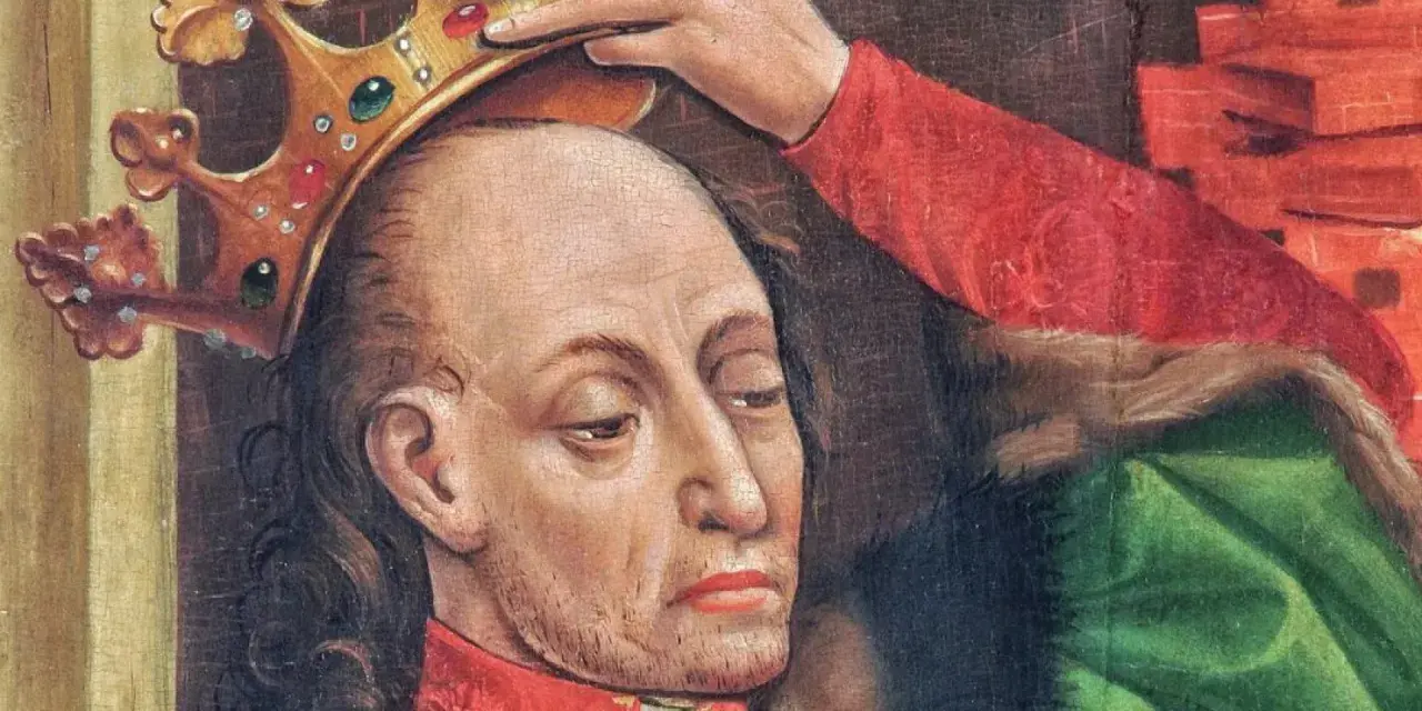 Władysław Jagiełło, z koroną na głowie, w otoczeniu symboli władzy. Choć jego dzieci nie są widoczne, obraz sugeruje przyszłość dynastii.