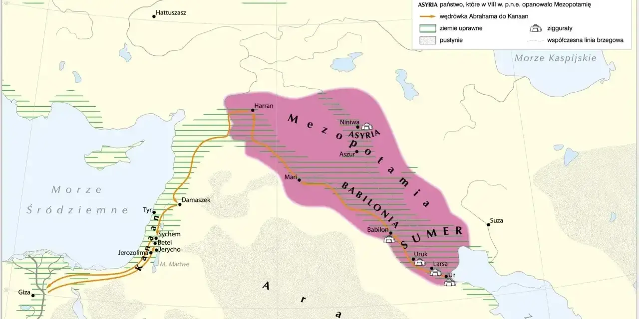 Mapa Mezopotamii, ukazująca Sumer – najstarszą cywilizację, oraz szlak wędrówki Abrahama.