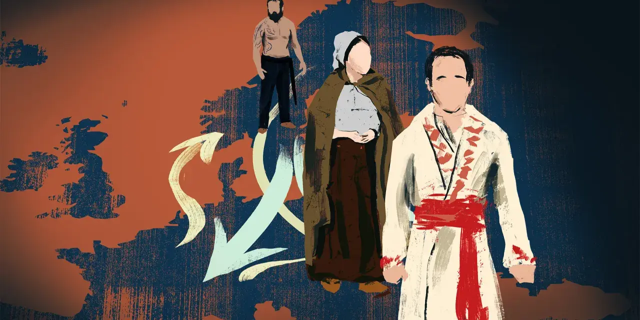 Ilustracja przedstawia migracje ludów indoeuropejskich przez Europę, z zaznaczonymi postaciami i strzałkami wskazującymi kierunki wędrówek.