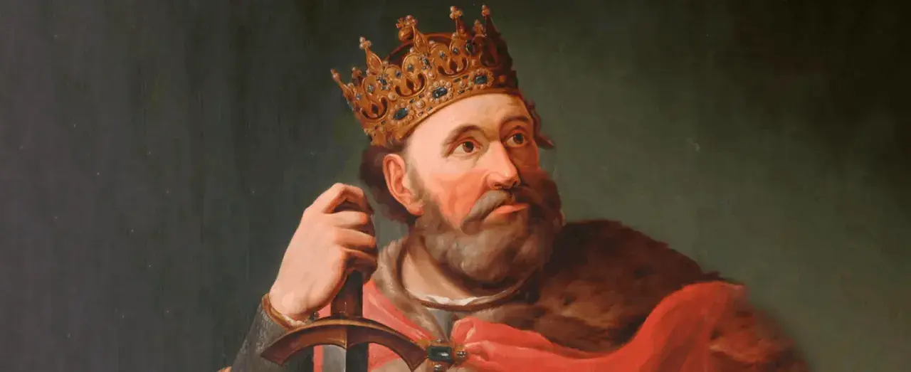 Portret Bolesława Chrobrego w koronie i z mieczem. To właśnie on, co zrobił Bolesław Chrobry, umocnił państwo polskie.
