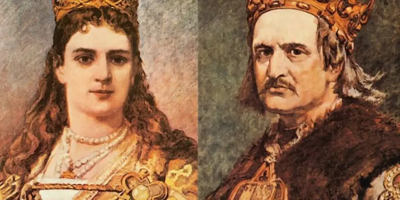 Portret królowej Jadwigi i króla Jagiełły. Królowa Jadwiga miała 25 lat, gdy urodziła dziecko.