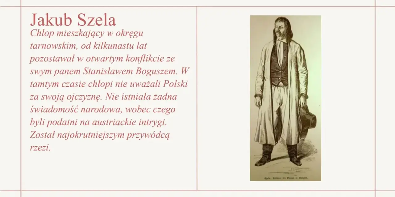 Jakub Szela, chłop z okolic Tarnowa, w konflikcie z panem. Brak świadomości narodowej i podatność na intrygi austriackie to przyczyny rabacji galicyjskiej.