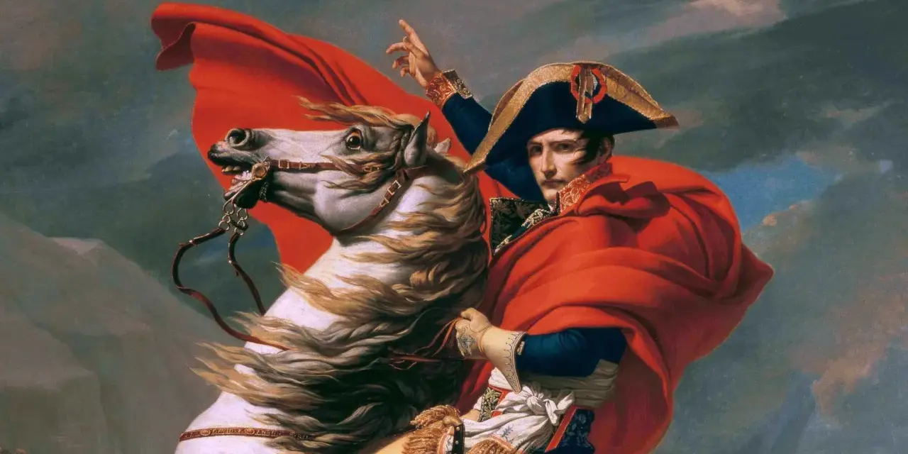 Napoleon na białym koniu, w czerwonej pelerynie, wskazuje drogę. To jedno z wielu dzieł sztuki przykłady ukazujących potęgę.