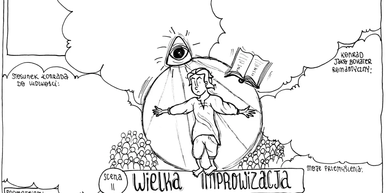 Konrad w centrum, otoczony symbolami (oko opatrzności, księga), tłumem i chmurami myśli. To obraz co to indywidualizm w "Wielkiej Improwizacji".