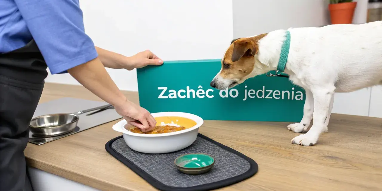 Piesek czeka na jedzenie, a na zielonym znaku widnieje napis "Zachęć do jedzenia".