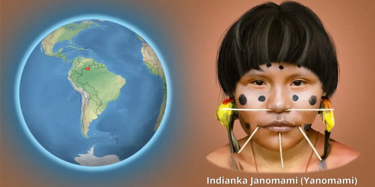 Indianie Ameryki Południowej: twarz Indianki Janomami z Wenezueli/Brazylii, ozdobiona malowidłami i patyczkami, obok globus z zaznaczonym regionem.