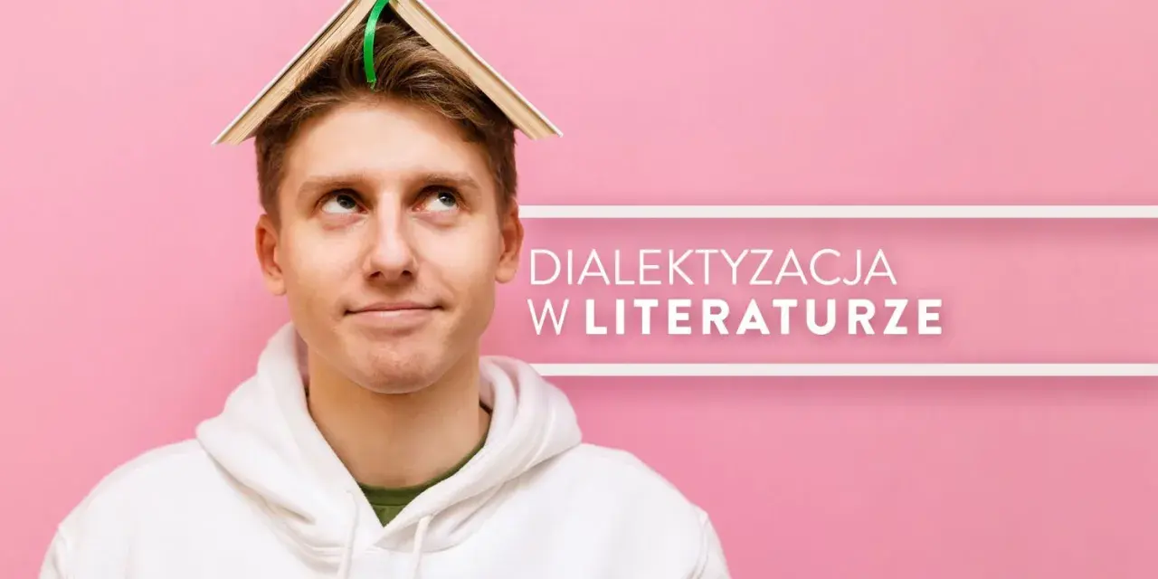 Młody mężczyzna z książką na głowie zastanawia się nad dialektyzacją w literaturze.