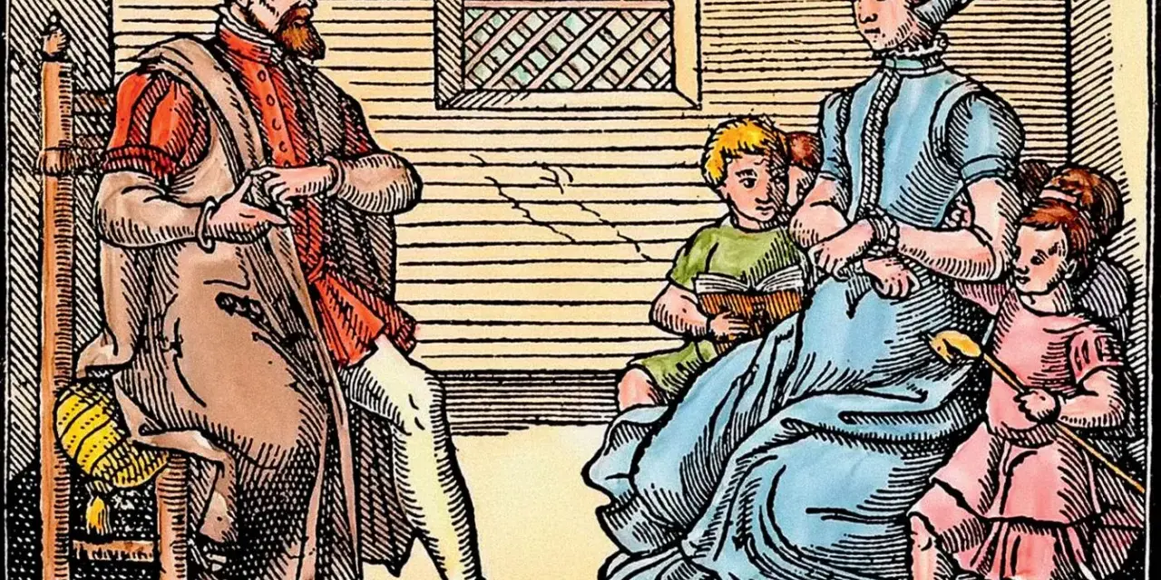 Rodzina w strojach z epoki, przykład życia zgodnego z zasadami purytanizmu. Ojciec siedzi, matka z dziećmi czyta.