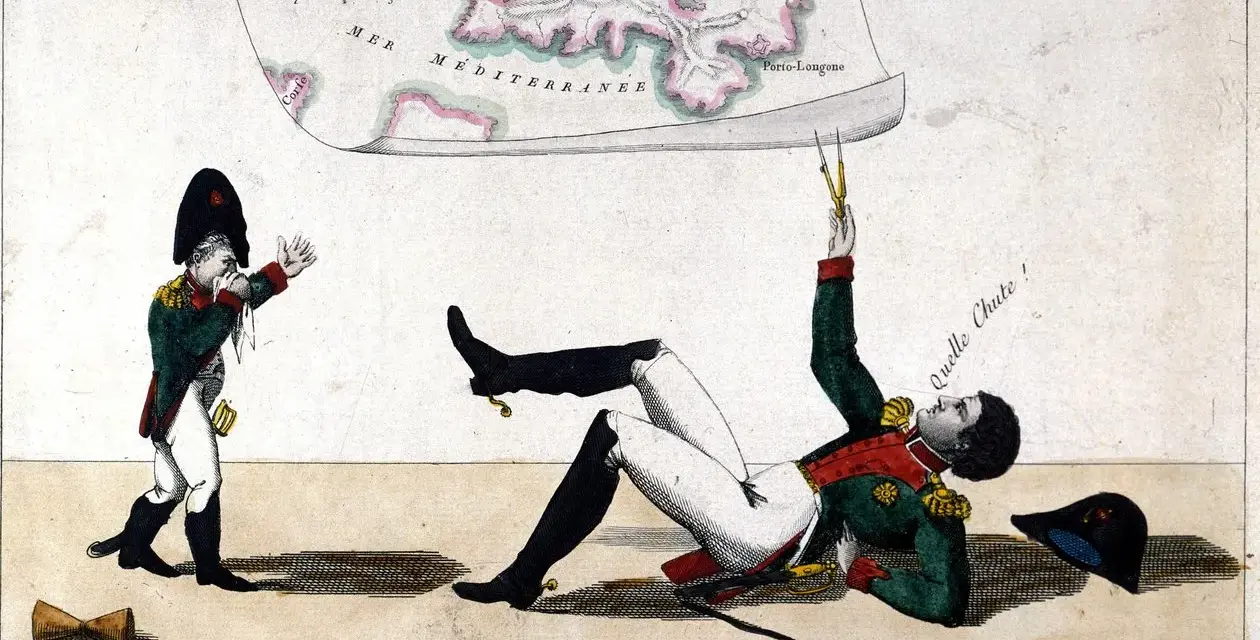 Napoleon na Elbie, upadając, trzyma cyrkiel. Obok niego mniejsza postać w mundurze.