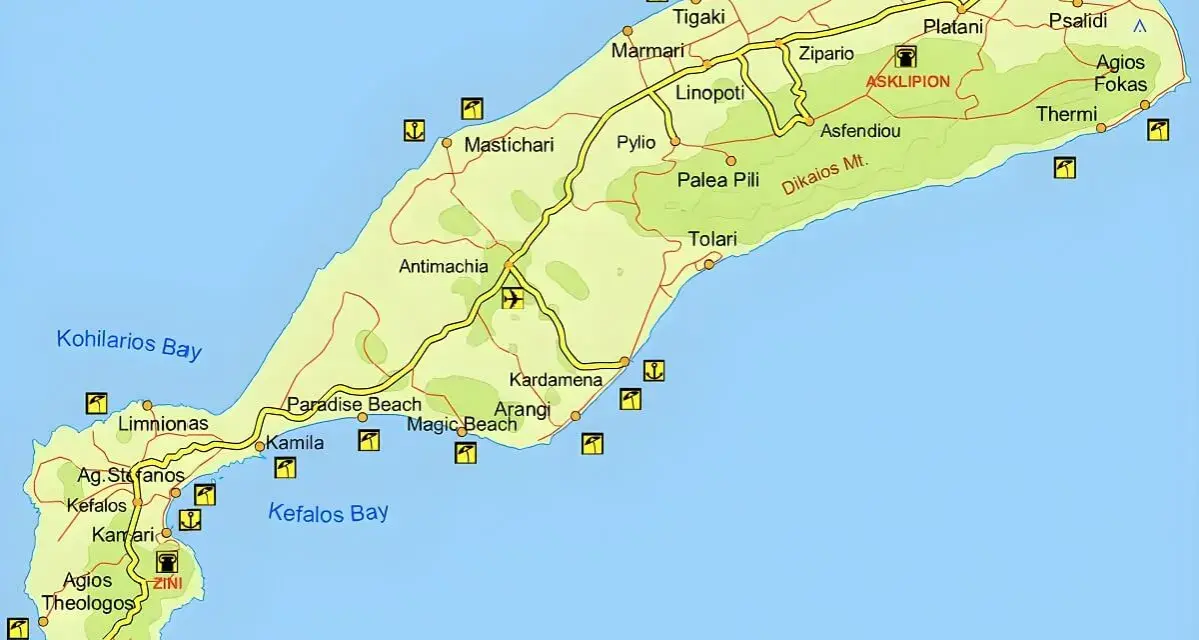 Mapa wyspy Kos z zaznaczonymi miejscowościami, plażami i zabytkami.