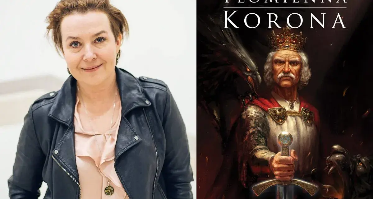 Elżbieta Cherezińska, autorka "Płomiennej Korony", obok wizerunku króla, który mógłby być polską królową wikingów.