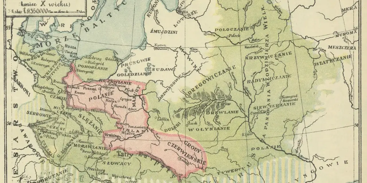 Mapa z X wieku, ukazująca państwo polskie za panowania Mieszka I. W którym wieku powstało państwo polskie? Na mapie widoczne są plemiona słowiańskie.
