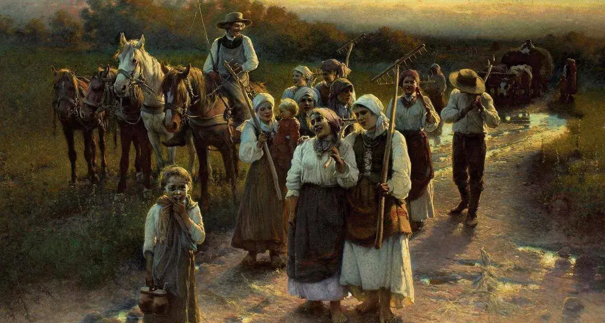 Grupa chłopów pańszczyźnianych wraca z pola. Widać konie, wozy i narzędzia rolnicze.