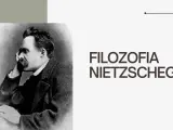 Portret Fryderyka Nietzschego, zamyślonego, z dłonią przy policzku. Obok napis "FILOZOFIA NIETZSCHEGO", wprowadzający w jego założenia.