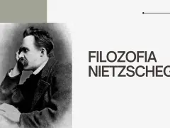 Portret Fryderyka Nietzschego, zamyślonego, z dłonią przy policzku. Obok napis "FILOZOFIA NIETZSCHEGO", wprowadzający w jego założenia.