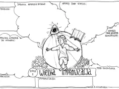 Konrad w centrum, otoczony symbolami (oko opatrzności, księga), tłumem i chmurami myśli. To obraz co to indywidualizm w "Wielkiej Improwizacji".