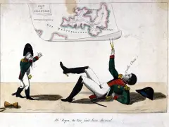 Napoleon na Elbie, upadając, trzyma cyrkiel. Obok niego mniejsza postać w mundurze.