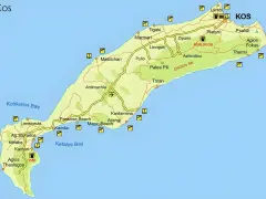 Mapa wyspy Kos z zaznaczonymi miejscowościami, plażami i zabytkami.