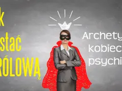 Kobieta w masce i czerwonej pelerynie, symbolizująca archetypy kobiecej psychiki, z koroną nad głową.