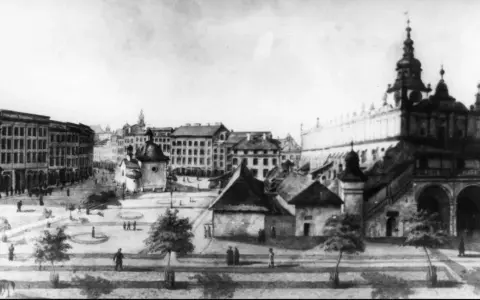 Rynek Główny w Krakowie, z Sukiennicami i Ratuszem. Obraz ukazuje tętniące życiem miasto, które od wieków fascynuje. Ile lat ma Kraków? Tysiąc!