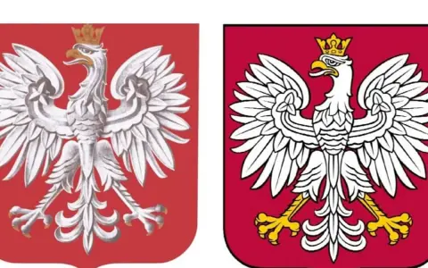 Dwa godła Polski: starsze, bardziej stylizowane, obok nowszego, z wyraźniejszymi konturami i złotymi szponami.
