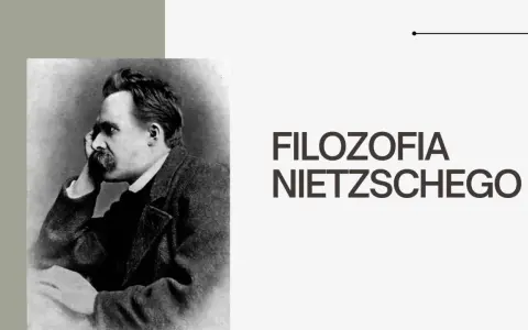 Portret Fryderyka Nietzschego, zamyślonego, z dłonią przy policzku. Obok napis "FILOZOFIA NIETZSCHEGO", wprowadzający w jego założenia.