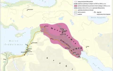 Mapa Mezopotamii, ukazująca Sumer – najstarszą cywilizację, oraz szlak wędrówki Abrahama.