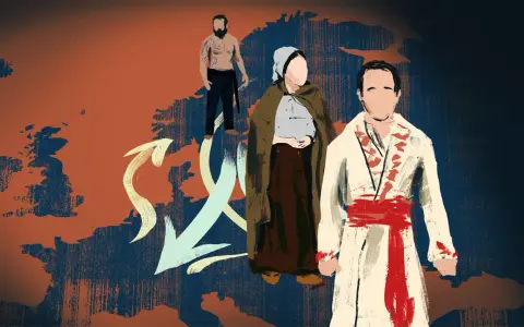 Ilustracja przedstawia migracje ludów indoeuropejskich przez Europę, z zaznaczonymi postaciami i strzałkami wskazującymi kierunki wędrówek.