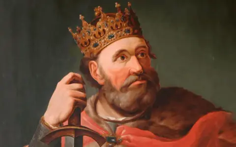 Portret Bolesława Chrobrego w koronie i z mieczem. To właśnie on, co zrobił Bolesław Chrobry, umocnił państwo polskie.