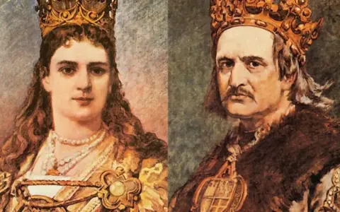 Portret królowej Jadwigi i króla Jagiełły. Królowa Jadwiga miała 25 lat, gdy urodziła dziecko.