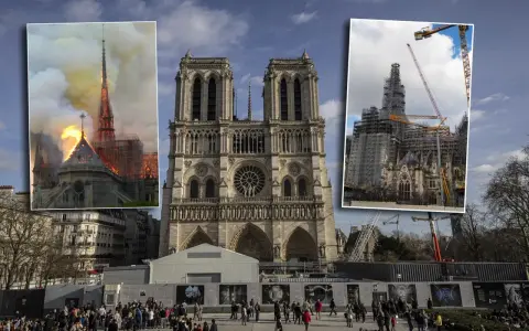 Notre Dame przed i po pożarze: płonąca iglica i odbudowa z rusztowaniami.