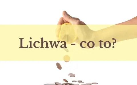 Dłoń wyciska cytrynę, z której spadają monety. Napis "Lichwa - co to?" sugeruje, że chodzi o lichwiarza i jego nieuczciwe praktyki.