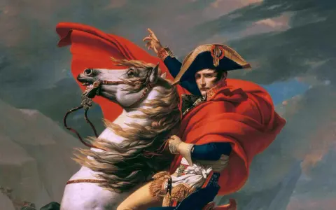 Napoleon na białym koniu, w czerwonej pelerynie, wskazuje drogę. To jedno z wielu dzieł sztuki przykłady ukazujących potęgę.