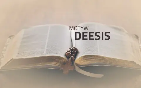 Otwarta Biblia z różańcem i krzyżem. Tekst "MOTYW DEESIS" sugeruje, że to obraz związany z modlitwą i wstawiennictwem.