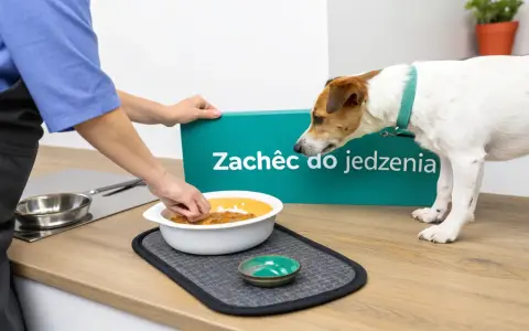 Piesek czeka na jedzenie, a na zielonym znaku widnieje napis "Zachęć do jedzenia".