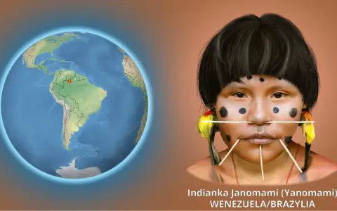Indianie Ameryki Południowej: twarz Indianki Janomami z Wenezueli/Brazylii, ozdobiona malowidłami i patyczkami, obok globus z zaznaczonym regionem.