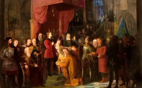 Scena z obrazu Jana Matejki: klęczący mężczyzna składa hołd władcy w otoczeniu dworzan i rycerzy.