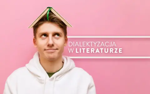 Młody mężczyzna z książką na głowie zastanawia się nad dialektyzacją w literaturze.